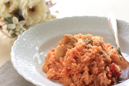 italian cuisine, tomato and chicken risottoの写真素材