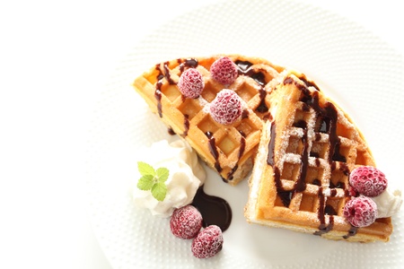 gourmet desset, american waffle and frozen raspberryの写真素材