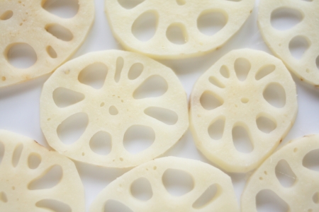 freshness slided lotus root close up from high angleの写真素材