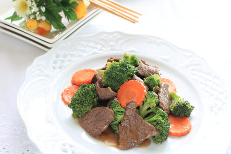 hinese food, broccoli and beef stir fried with vegetableの写真素材