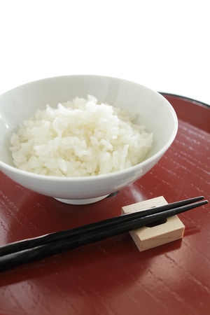 steamed Japanese pearl rice on traditional food trayの写真素材