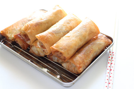 deep fried dumpling spring roll on stainless steel tray