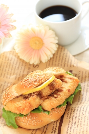 Filet-o-fish sandwich and black coffeeの写真素材