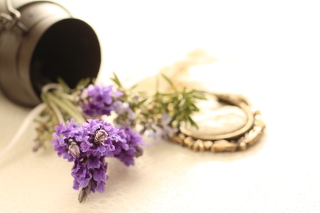 Beautiful lavender and elegant accessories for herbal imageの写真素材