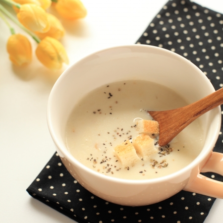 cream soup with toasted breadの写真素材