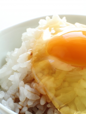 freshness raw egg on Japanese pearl riceの写真素材