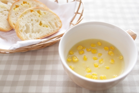 corn soup and french breadの写真素材