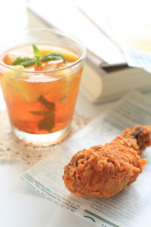 Fried chicken and iced lemon teaの写真素材