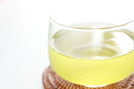 iced green tea on wooden table with copy space