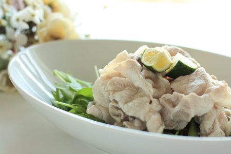 Japanese food, shabu shabu pork on vegetable for summer gourmetの写真素材