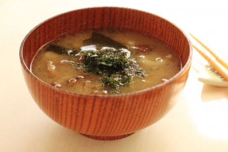 Japanese food, Nameko mushroom and seaweed Miso soupの写真素材