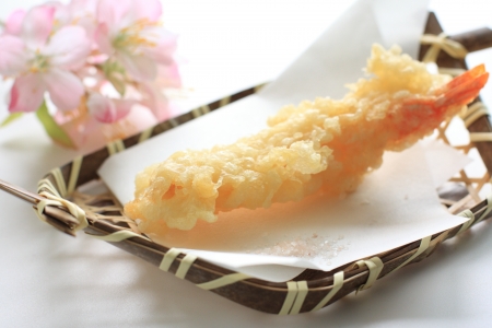 Japanese food, Shrimp tempura on bamboo basketの写真素材