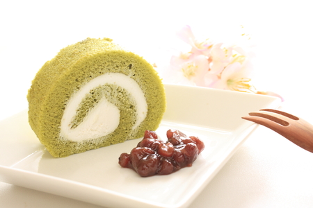 japanese confectionery, green tea swiss rollの写真素材