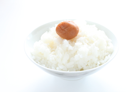 Japanese food, Umeboshi plum on pearl riceの写真素材