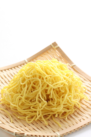 Japanese ramen noodle ready on bamboo basketの写真素材