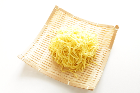 Japanese ramen noodle ready on bamboo basketの写真素材