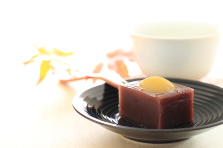 Japanese food, chestnut Yokan red bean Jelly and teaの写真素材