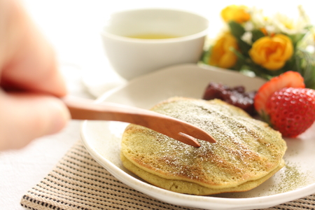 Japanese sweet food Dorayaki and green teaの写真素材