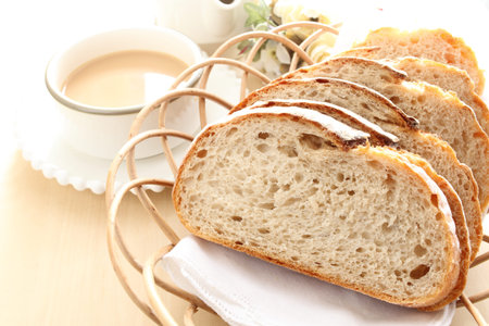 sliced french bread on basket with coffee