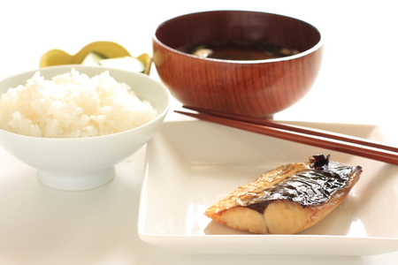 Japanese food, grilled Mackerel and riceの写真素材