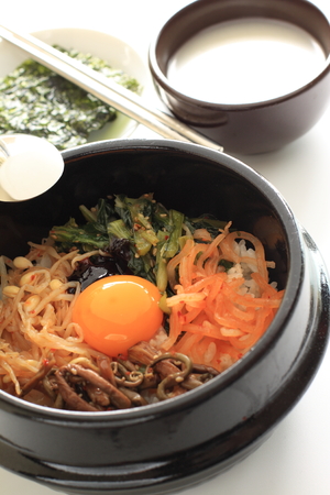 Korean food, Bibimbap Mixed rice and rice wineの写真素材