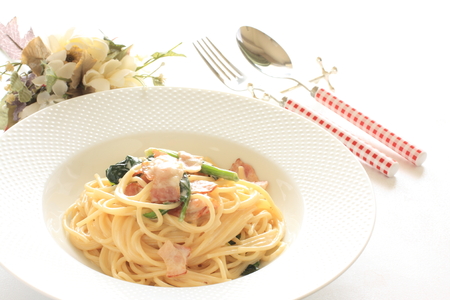 Italian cuisine, bacon and spinach spaghettiの写真素材