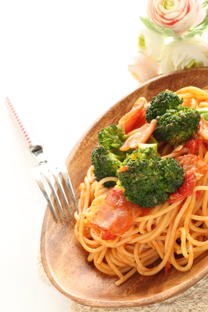 Homemde bacon and broccoli spaghettiの写真素材