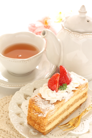 French confectionery, mille-feuille  and teaの写真素材