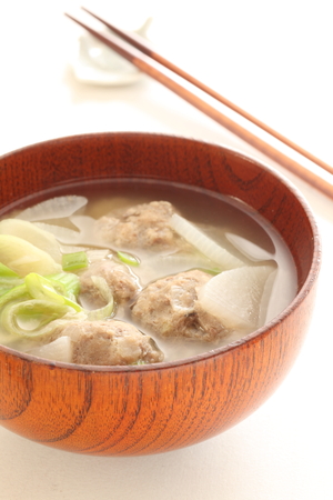 Japanese food, sardines fish ball and radish miso soupの写真素材