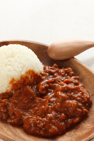 Homemade keema curry served with riceの写真素材