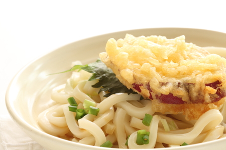 sweet potato tempura on udon noodlesの写真素材