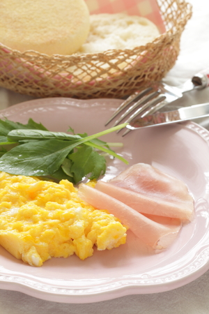 scramble egg and English muffinの写真素材