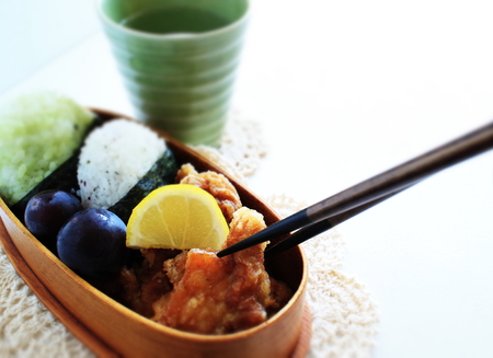 Homemade Japanese fried chicken bentoの写真素材