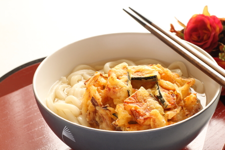 Pumpkin tempura and Udon noodlesの写真素材