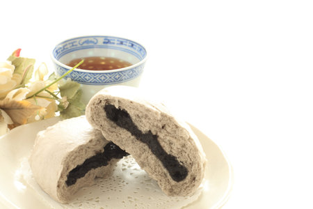 Black sesame paste sweet bun and tea