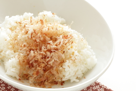 japanese fish flake and rice with soy sauceの写真素材