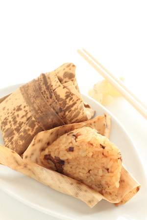 Chinese food, steamed sticky rice in leaf of Chimakiの写真素材