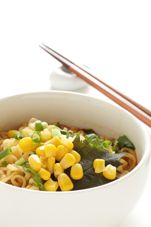 Homemade Japanese ramen with corn and seaweedの写真素材