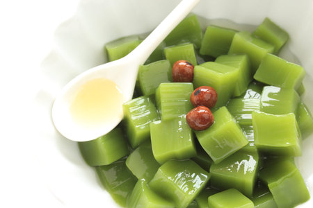 Japanese confection, green tea agar jelly and beanの写真素材