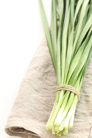 leek on linen for Chinese vegetable imageの写真素材