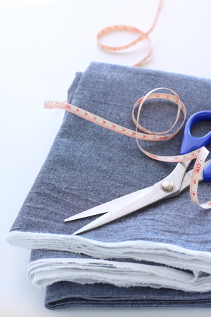 tailor goods, fabric and scissorsの写真素材