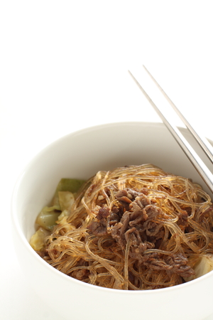 Chinese food, glass noodles and beef stir friedの写真素材