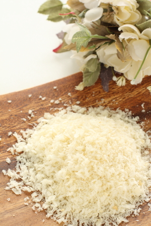 bread crumbs on wooden plateの写真素材