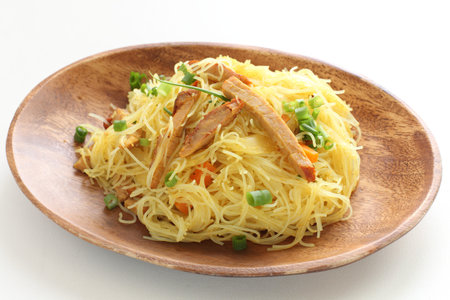 Asian food, Singapore fried noodles and teaの写真素材