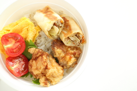 Chinese food, dumpling on rice with vegetableの写真素材