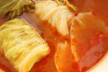 close up of cabbage roll in tomato soupの写真素材