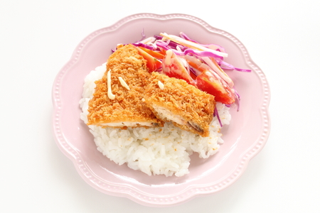Fish fillet on rice served with saladの写真素材