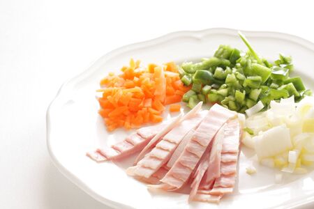 Chopped bacon and vegetablesの写真素材