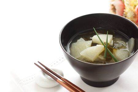 Japanese food, radish and green onion miso soupの写真素材