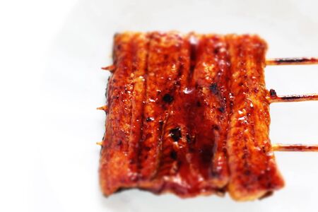Japanese food, grilled eel on dish with copy spaceの写真素材